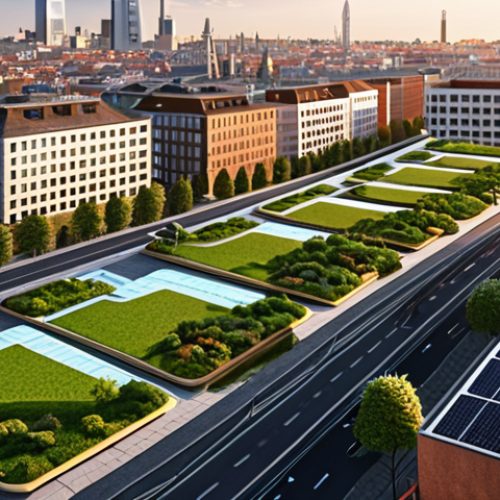 Home 11 **Prompt 1:** A bird's-eye view of a modern, vibrant European city at sunrise, seamlessly integrating AI-optimized urban planning and renewable energy. Electric vehicles and smart public transport navigate clean streets, while buildings feature rooftop solar panels and vertical gardens. Subtle digital overlays visualize energy flow optimization and environmental monitoring data, creating an image of a technologically advanced and ecologically harmonious urban future.