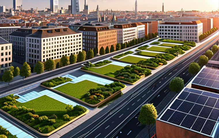 **Prompt 1:** A bird's-eye view of a modern, vibrant European city at sunrise, seamlessly integrating AI-optimized urban planning and renewable energy. Electric vehicles and smart public transport navigate clean streets, while buildings feature rooftop solar panels and vertical gardens. Subtle digital overlays visualize energy flow optimization and environmental monitoring data, creating an image of a technologically advanced and ecologically harmonious urban future.