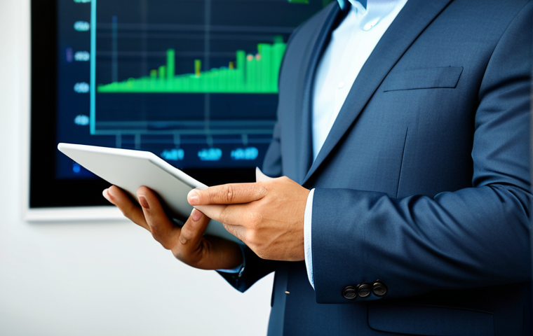 A professional, diverse business leader in a modest, modern business suit, standing in a sophisticated, well-lit office. The leader holds a tablet displaying an abstract graph representing sustainable growth, with subtle, blurred elements of green technology or renewable energy visible in the background. The pose is natural and confident, conveying vision and determination. fully clothed, appropriate attire, safe for work, perfect anatomy, correct proportions, well-formed hands, proper finger count, professional photography, high quality, appropriate content, modest clothing.